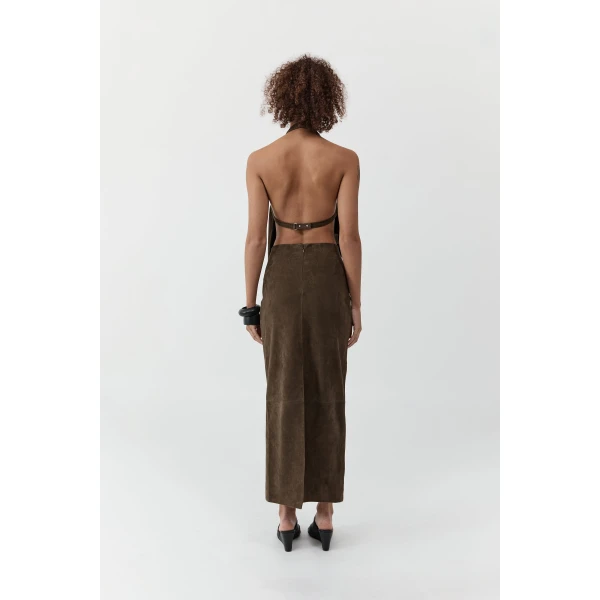 St. Agni Suede Column Skirt in Khaki, view 6