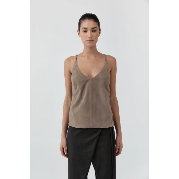 St. Agni Suede Low Back Tie Top in Earth, view 2