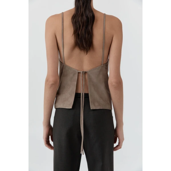St. Agni Suede Low Back Tie Top in Earth, view 3