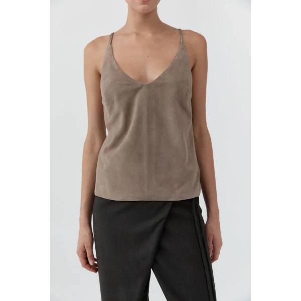 St. Agni Suede Low Back Tie Top in Earth, view 4
