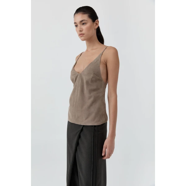 St. Agni Suede Low Back Tie Top in Earth, view 5