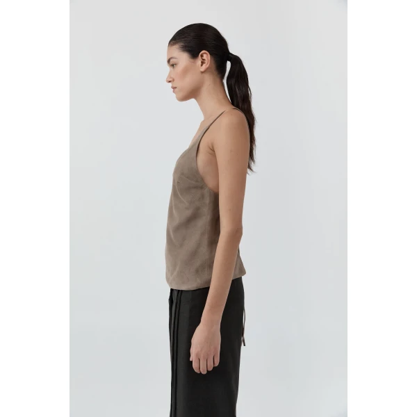 St. Agni Suede Low Back Tie Top in Earth, view 6