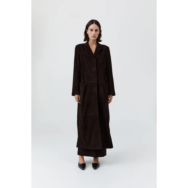 St. Agni Suede Tailored Coat in Coffee, view 2