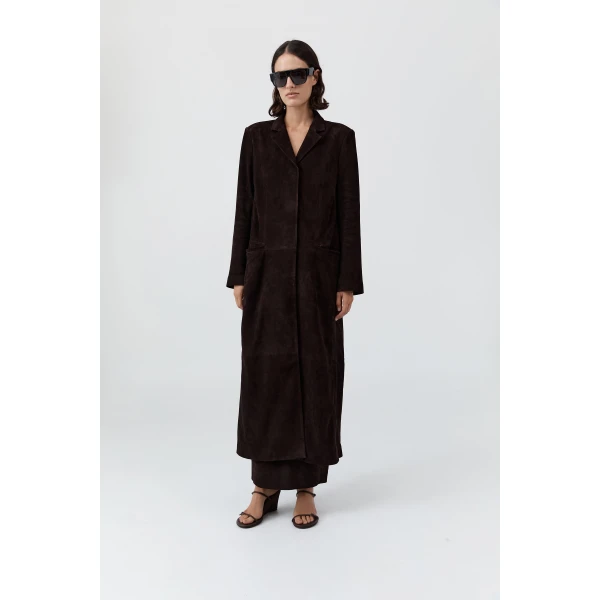 St. Agni Suede Tailored Coat in Coffee, view 6