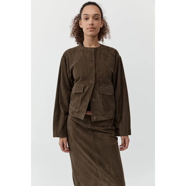 St. Agni Suede Utility Cocoon Bomber in Khaki, view 2