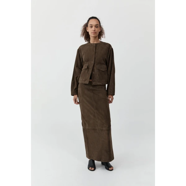 St. Agni Suede Utility Cocoon Bomber in Khaki, view 4
