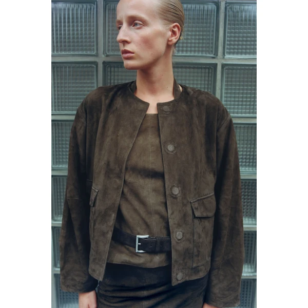 St. Agni Suede Utility Cocoon Bomber in Khaki, view 5