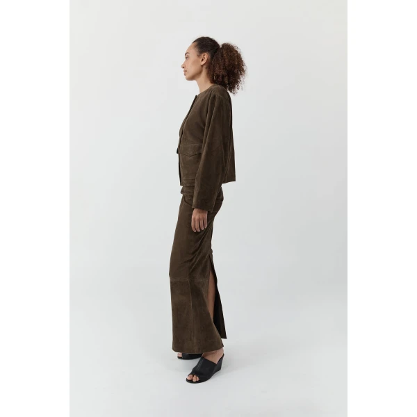 St. Agni Suede Utility Cocoon Bomber in Khaki, view 6