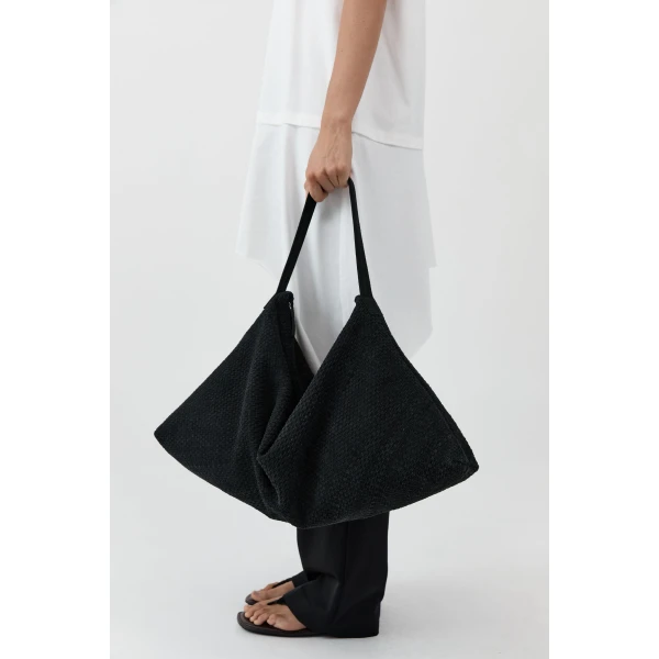 St. Agni Suede Woven Hobo Bag in Washed Black, view 3