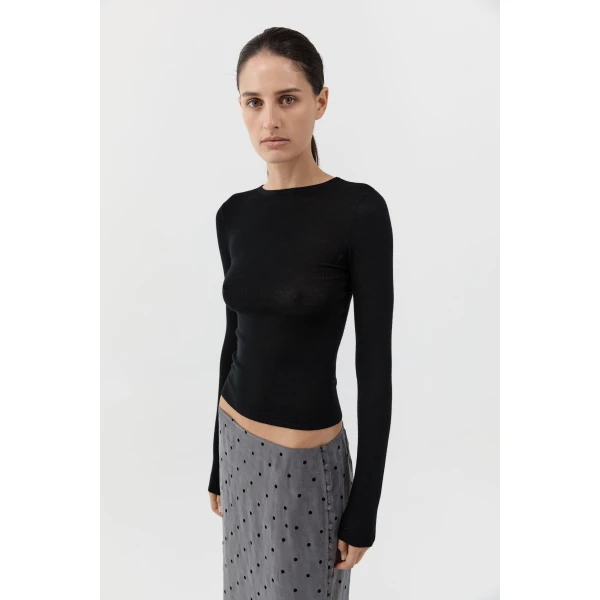 St. Agni Superfine Merino Wool Long Sleeve Top in Black, view 3