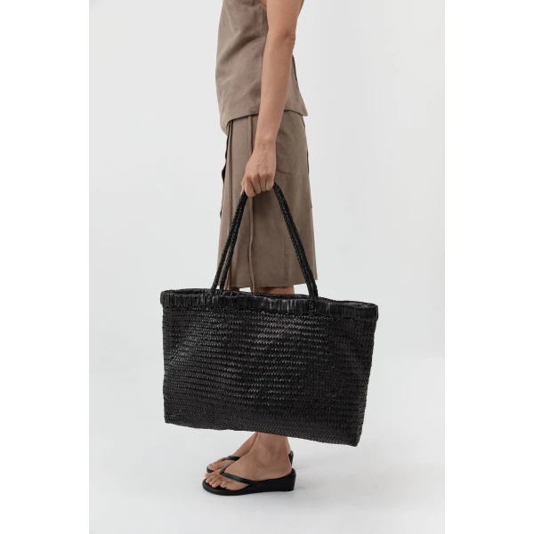 St. Agni Wide Bagu Woven Tote in Black, view 3