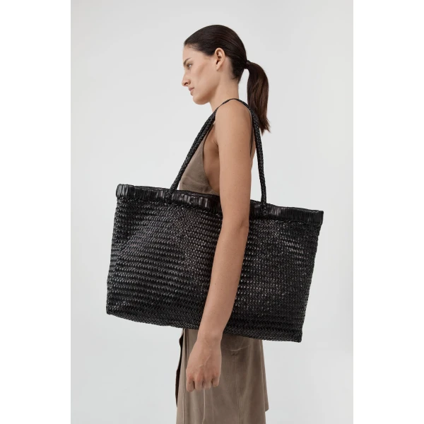 St. Agni Wide Bagu Woven Tote in Black, view 6