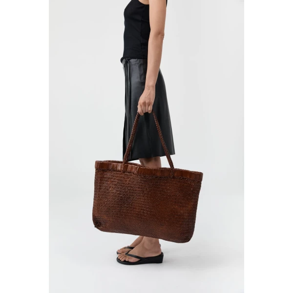 St. Agni Wide Bagu Woven Tote in Chestnut, view 3