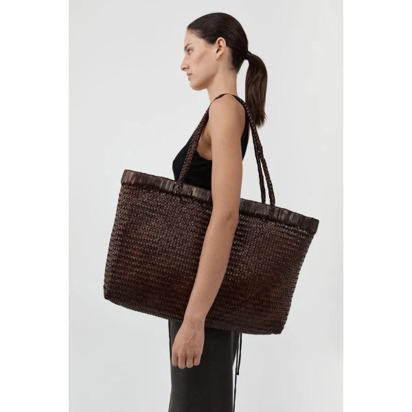 St. Agni Wide Bagu Woven Tote in Chocolate, view 2