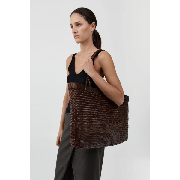 St. Agni Wide Bagu Woven Tote in Chocolate, view 6