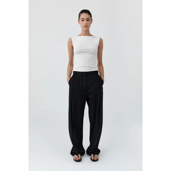 St. Agni Wool Button Front Pleat Pants in Black, view 2