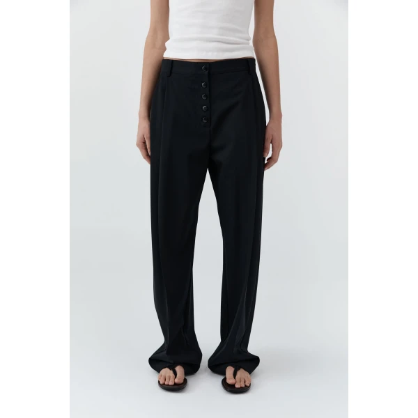 St. Agni Wool Button Front Pleat Pants in Black, view 3