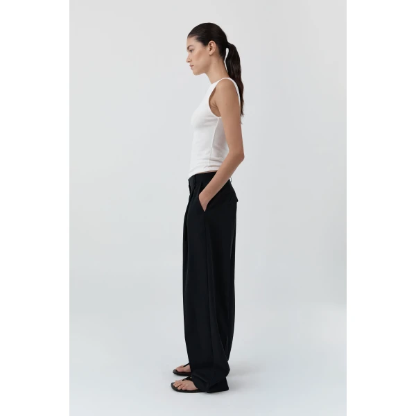 St. Agni Wool Button Front Pleat Pants in Black, view 4