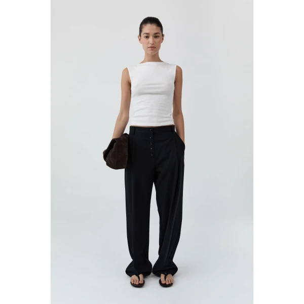 St. Agni Wool Button Front Pleat Pants in Black, view 5