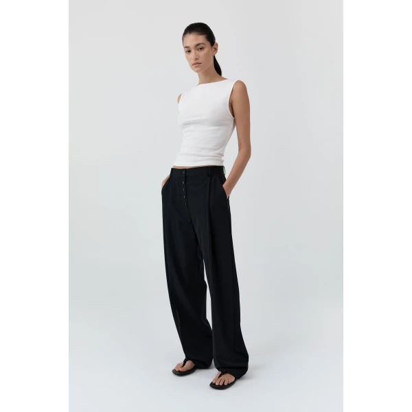 St. Agni Wool Button Front Pleat Pants in Black, view 6