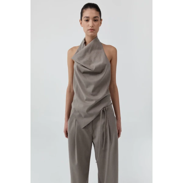 St. Agni Wool Cowl Backless Top in Light Taupe, view 2