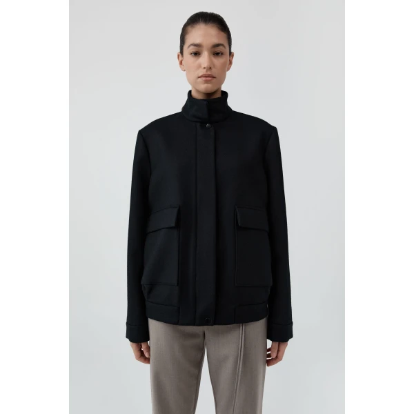 St. Agni Wool Longline Bomber Jacket in Black, view 2
