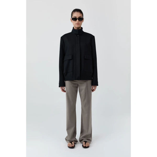 St. Agni Wool Longline Bomber Jacket in Black, view 3
