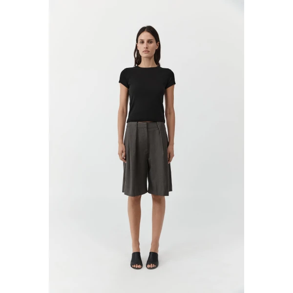 St. Agni Wool Pleat Loop Shorts in Mulch, view 2