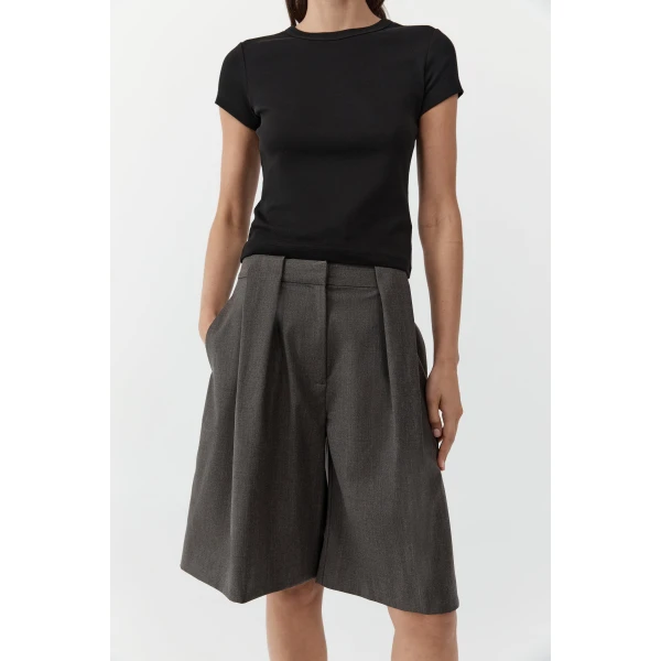 St. Agni Wool Pleat Loop Shorts in Mulch, view 3
