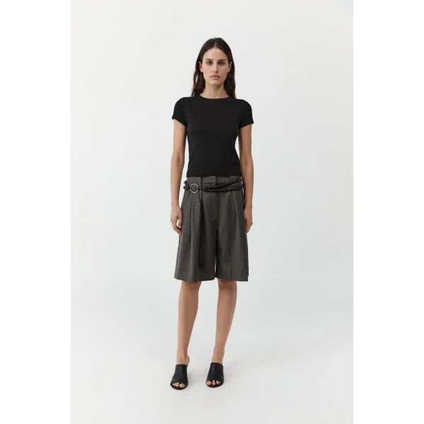 St. Agni Wool Pleat Loop Shorts in Mulch, view 4