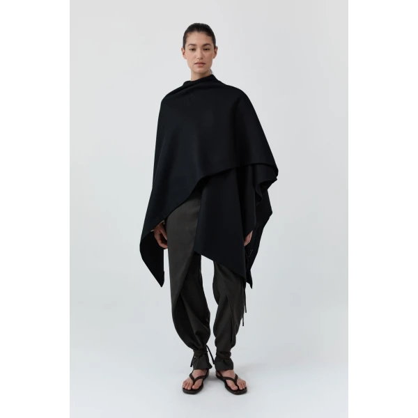 St. Agni Wool Twill Poncho in Black, view 3