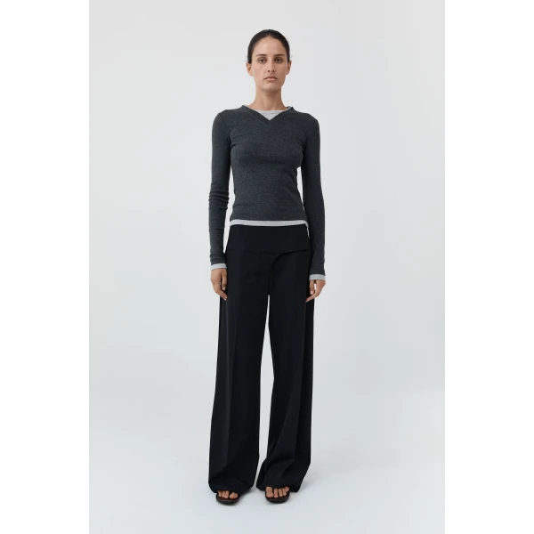St. Agni Wool Wide Waistband Pants in Black, view 2
