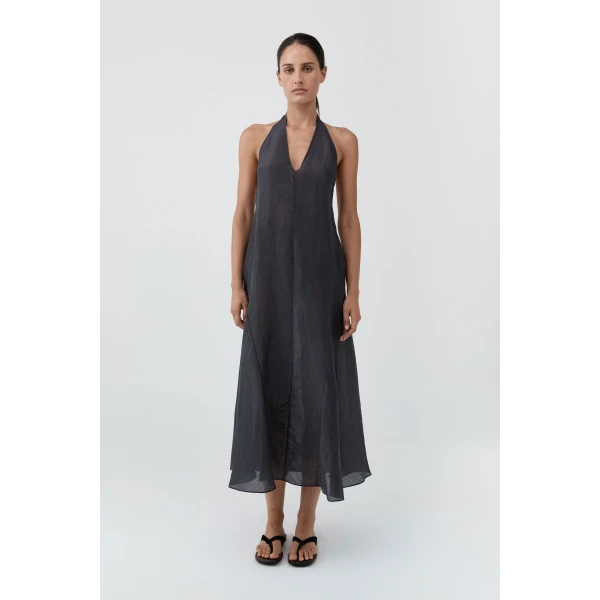 St. Agni Woven Check Halter Dress in Iron Glaze, view 2