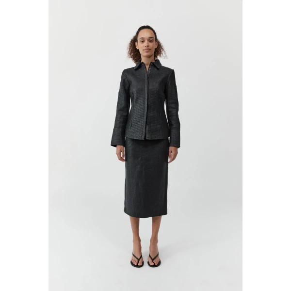 St. Agni Woven Leather Shirt in Black, view 2