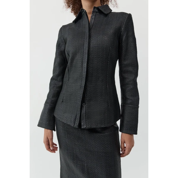 St. Agni Woven Leather Shirt in Black, view 3