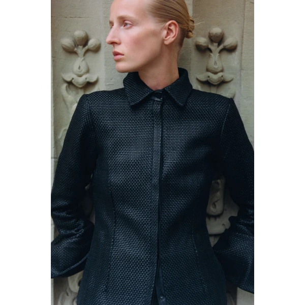 St. Agni Woven Leather Shirt in Black, view 5