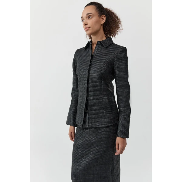 St. Agni Woven Leather Shirt in Black, view 6