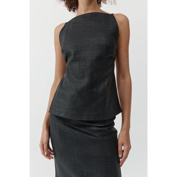 St. Agni Woven Leather Square Neck Top in Black, view 3
