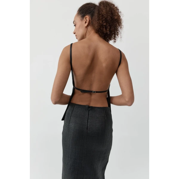 St. Agni Woven Leather Square Neck Top in Black, view 5