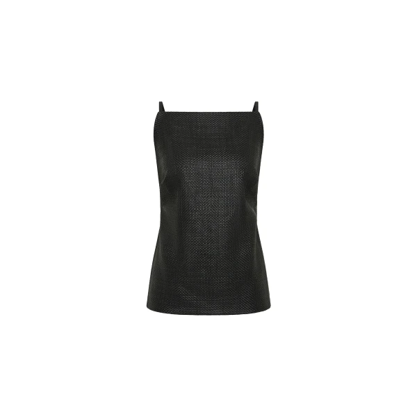 Woven Leather Square Neck Top in Black