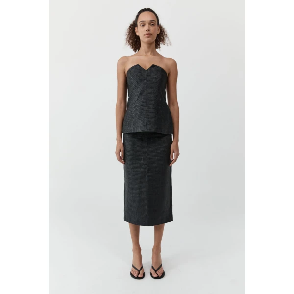 St. Agni Woven Leather Strapless Bodice in Black, view 3