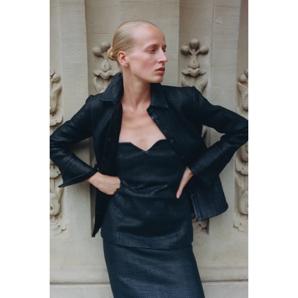 St. Agni Woven Leather Strapless Bodice in Black, view 5