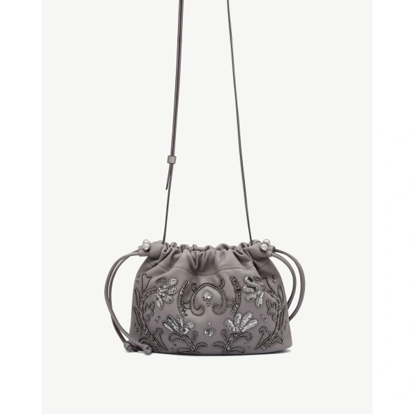 Strathberry Charlotte Drawstring in Grey Beaded Embroidery, view 2 | Bucket Bag