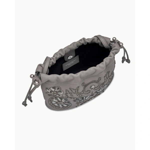 Strathberry Charlotte Drawstring in Grey Beaded Embroidery, view 3 | Bucket Bag