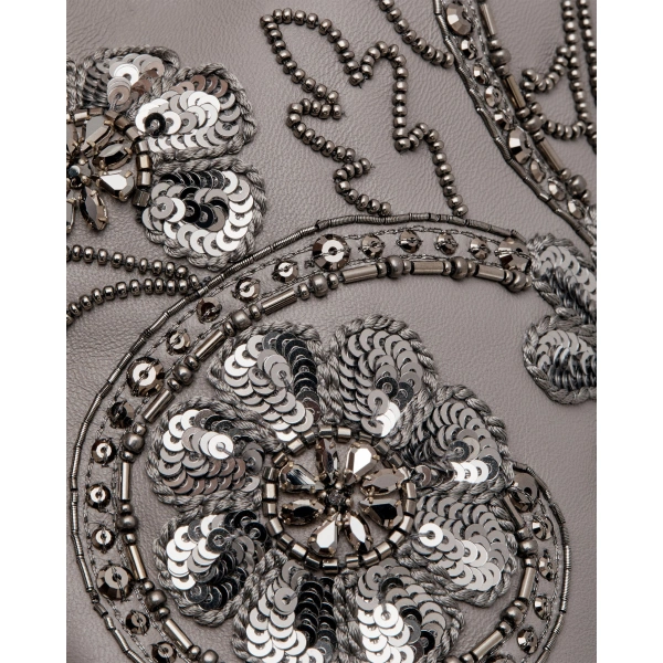 Strathberry Charlotte Drawstring in Grey Beaded Embroidery, view 4 | Bucket Bag