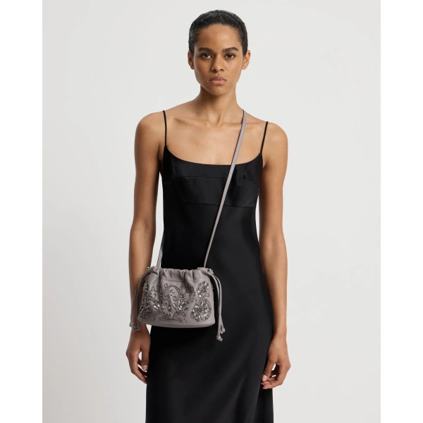 Strathberry Charlotte Drawstring in Grey Beaded Embroidery, view 5 | Bucket Bag