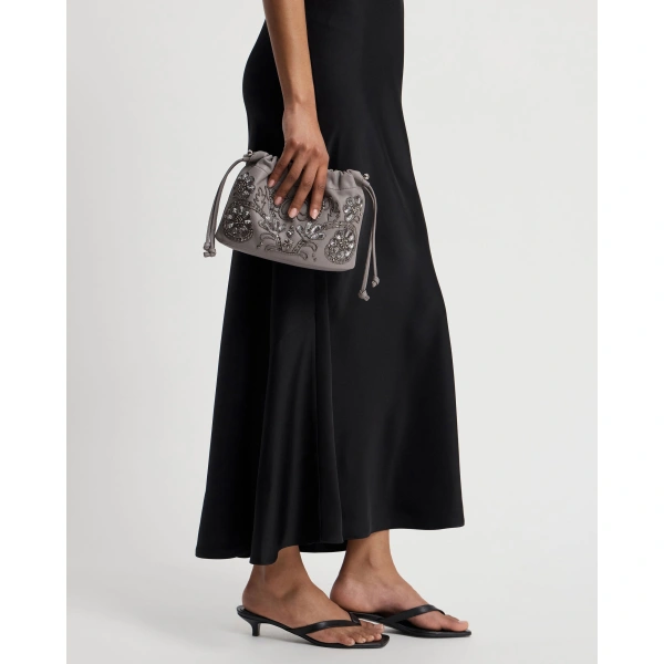 Strathberry Charlotte Drawstring in Grey Beaded Embroidery, view 6 | Bucket Bag