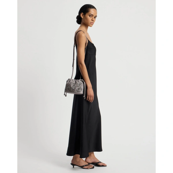 Strathberry Charlotte Drawstring in Grey Beaded Embroidery, view 7 | Bucket Bag