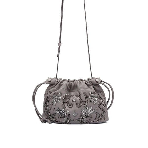 Charlotte Drawstring in Grey Beaded Embroidery