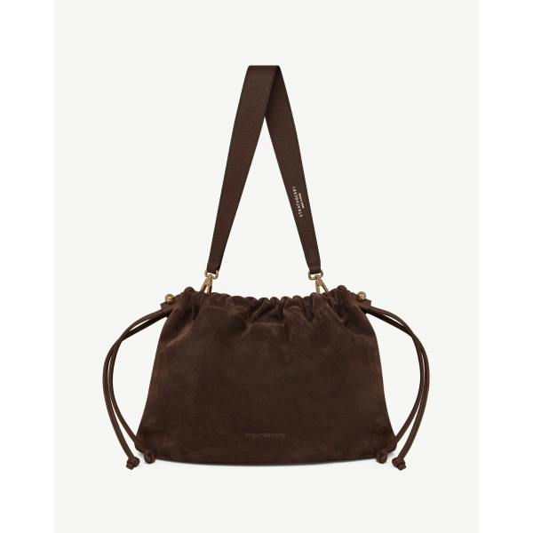 Strathberry Charlotte Midi Drawstring in Chocolate Suede, view 2 | Shoulder Bag
